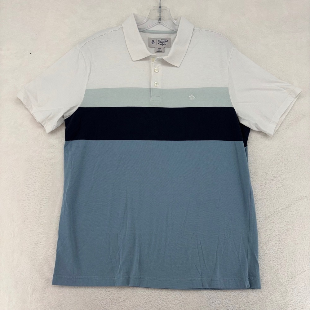 Original Penguin Mens Colorblock Polo Shirt White Blue Stripe OP5230 Large